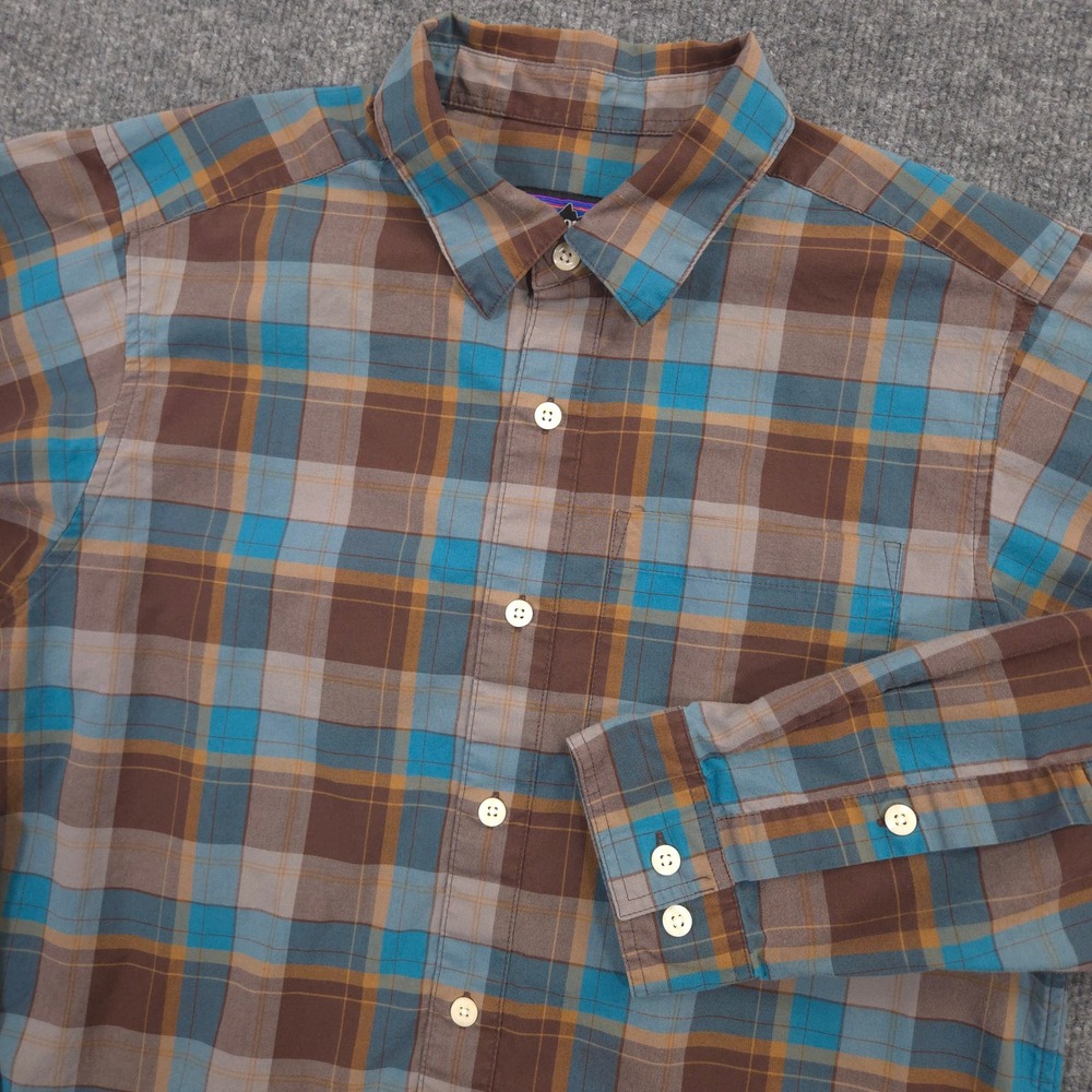 Patagonia Fezzman Shirt Mens XS Brown Blue Plaid Lightweight Long Sleeve Preppy
